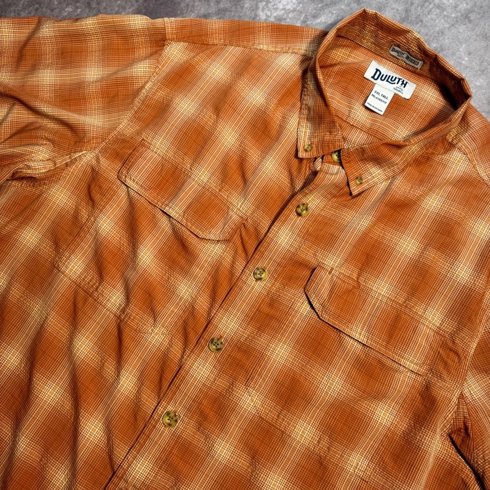 Duluth Trading Co Mens 2XL Tall Relaxed Fit Untucked Plaid Short Sleeve Shirt